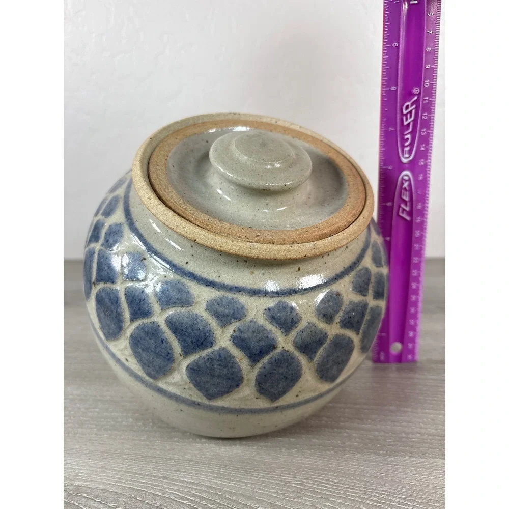 Studio Pottery Lidded Tilted Candy Jar Blue Stoneware Signed Artist Monogram